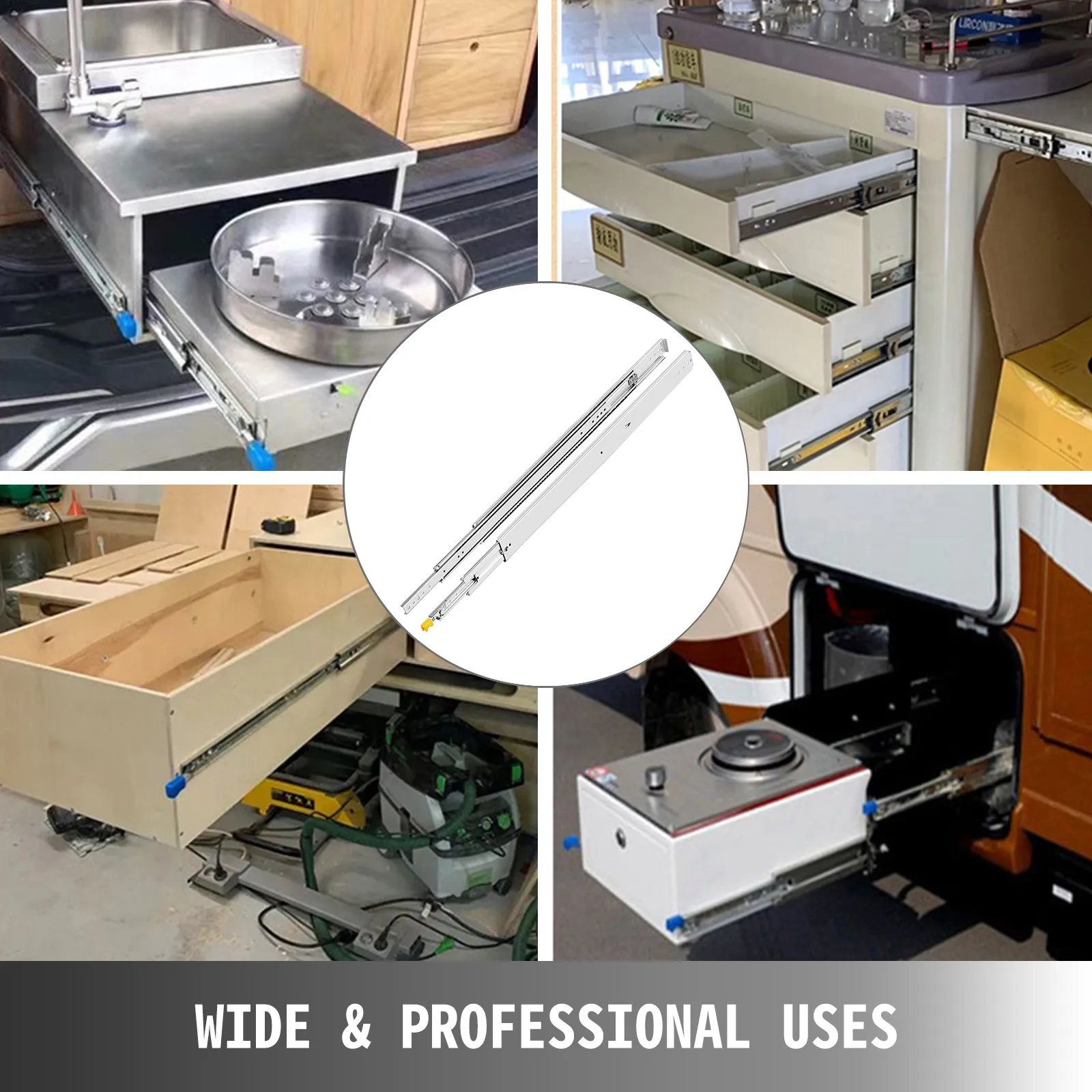 VEVOR heavy duty drawer slides showcased in kitchen, workshop, and automotive uses.
