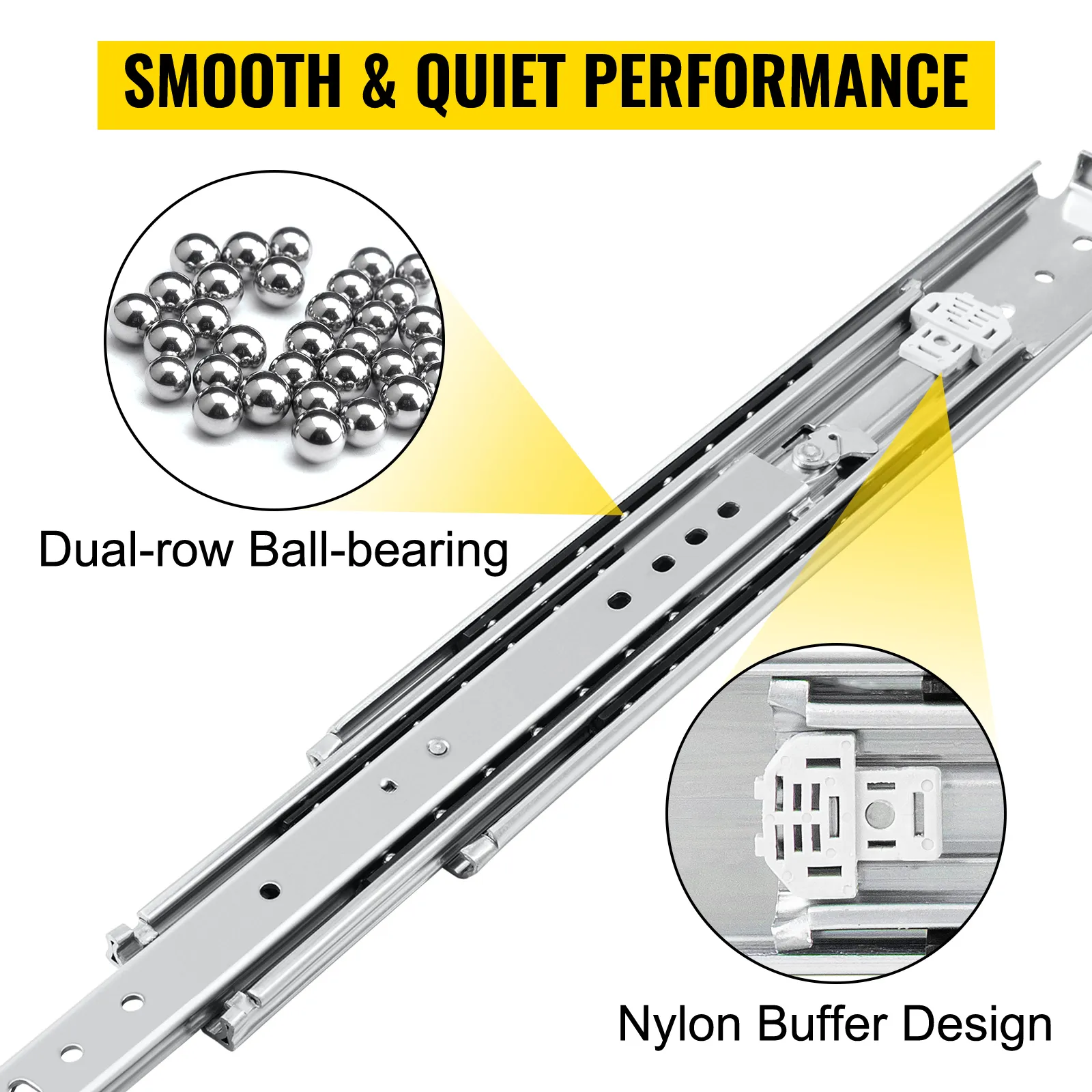 VEVOR heavy duty drawer slides with dual-row ball-bearing, nylon buffer design.