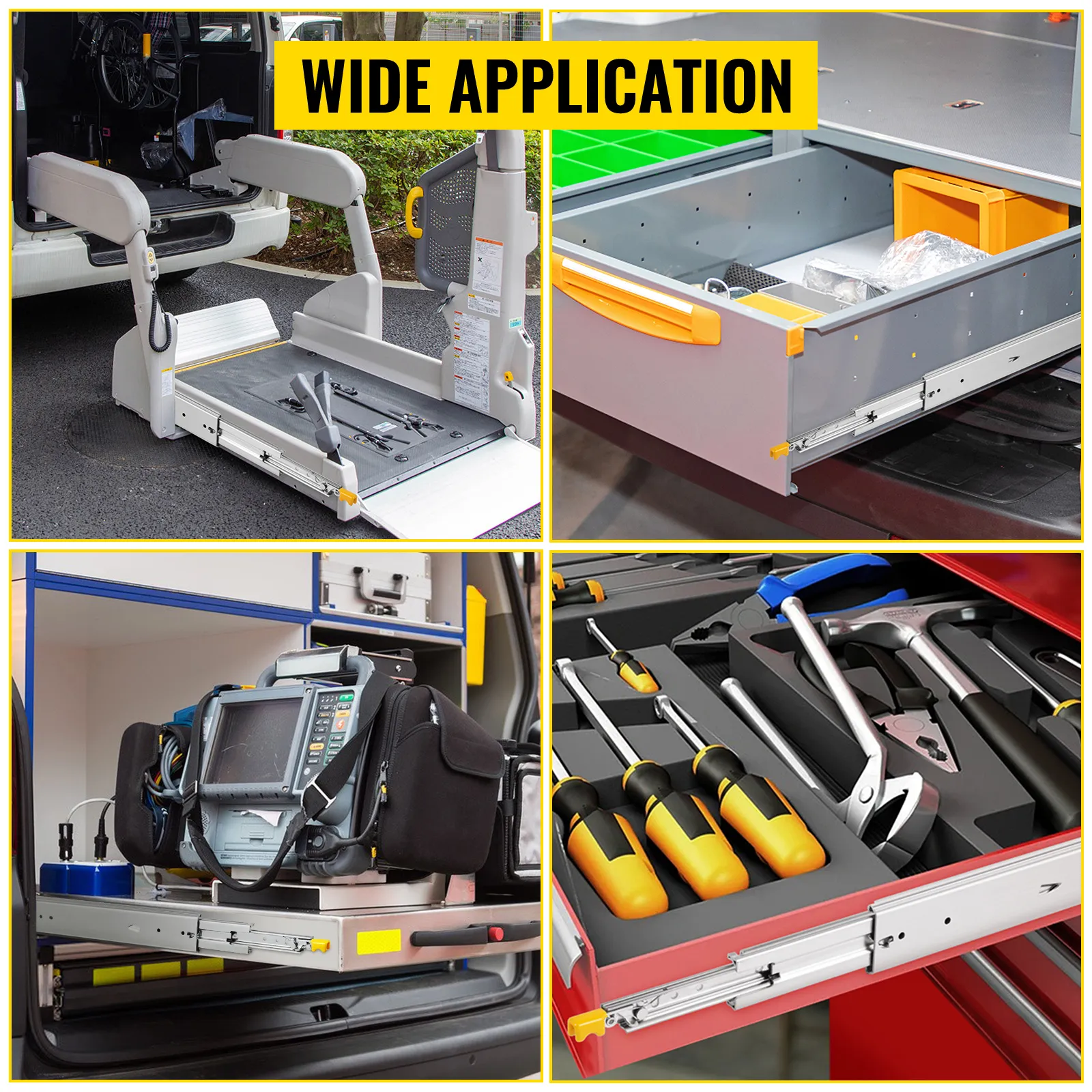 VEVOR heavy duty drawer slides for vehicles, workshops, and medical equipment. wide application.