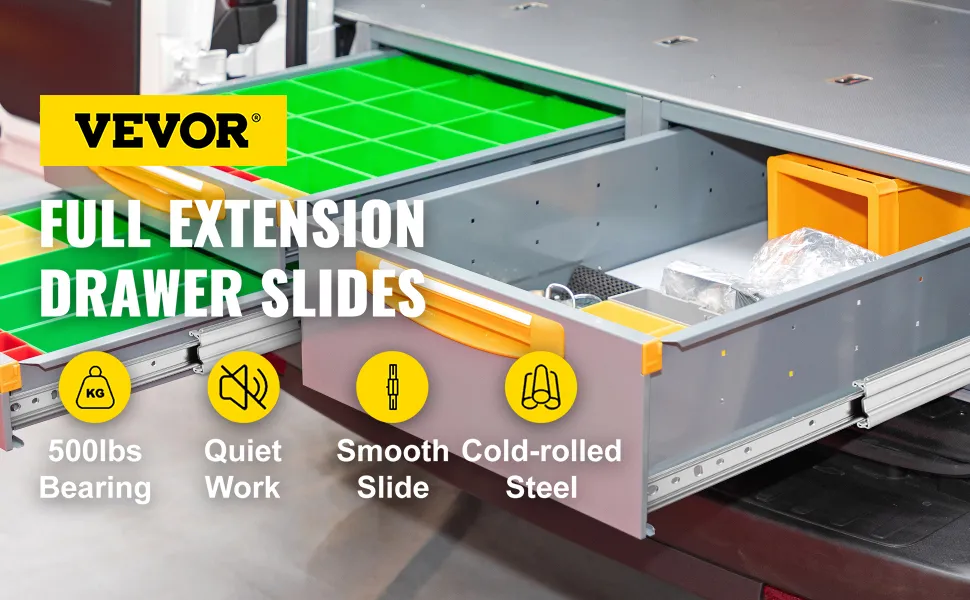 VEVOR drawer slides with full extension, 500lbs bearing, quiet work, smooth slide.