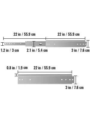 VEVOR drawer slides in various sizes and measurements in inches and cm.