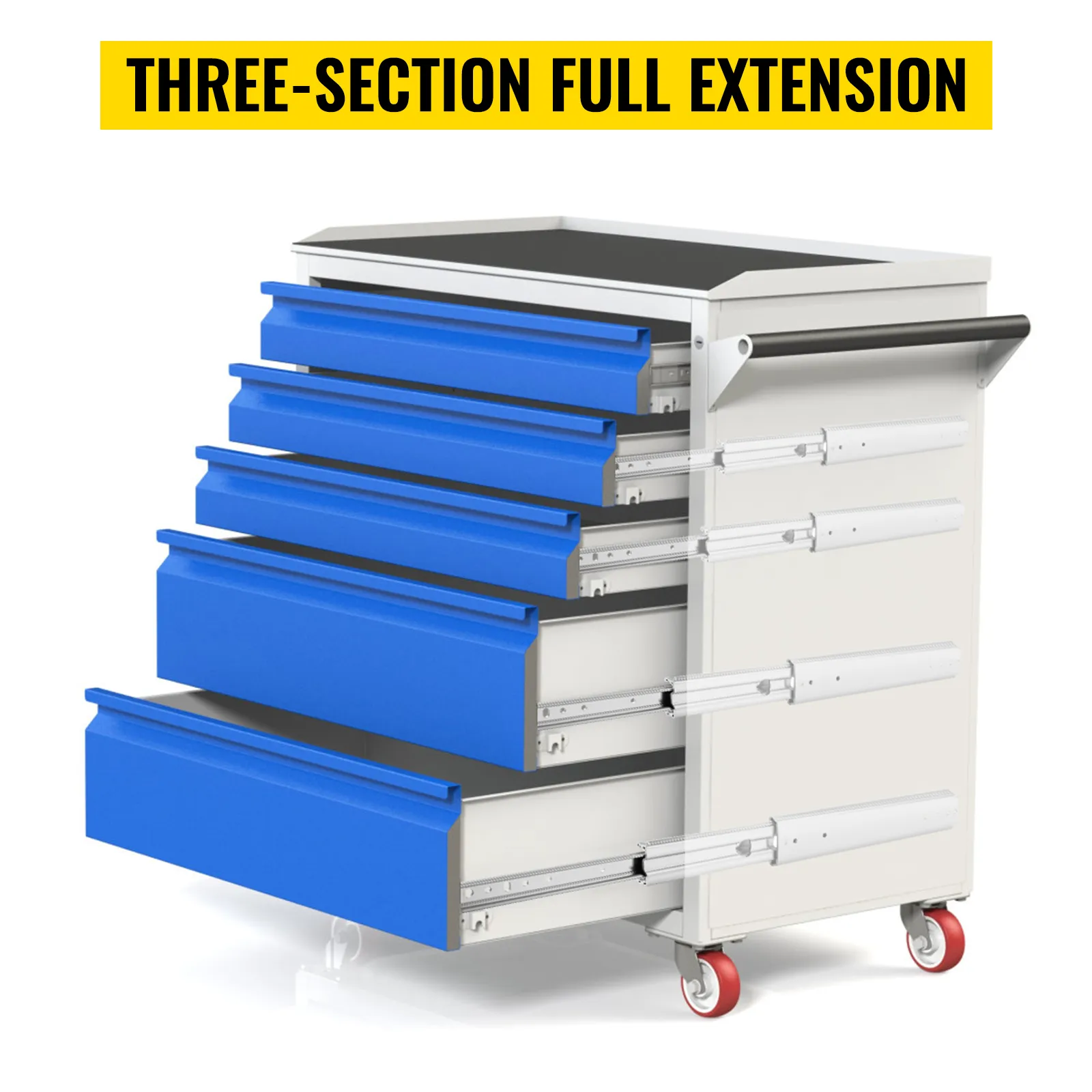 blue cabinet with five open drawers on VEVOR drawer slides, grey case, and red wheels.