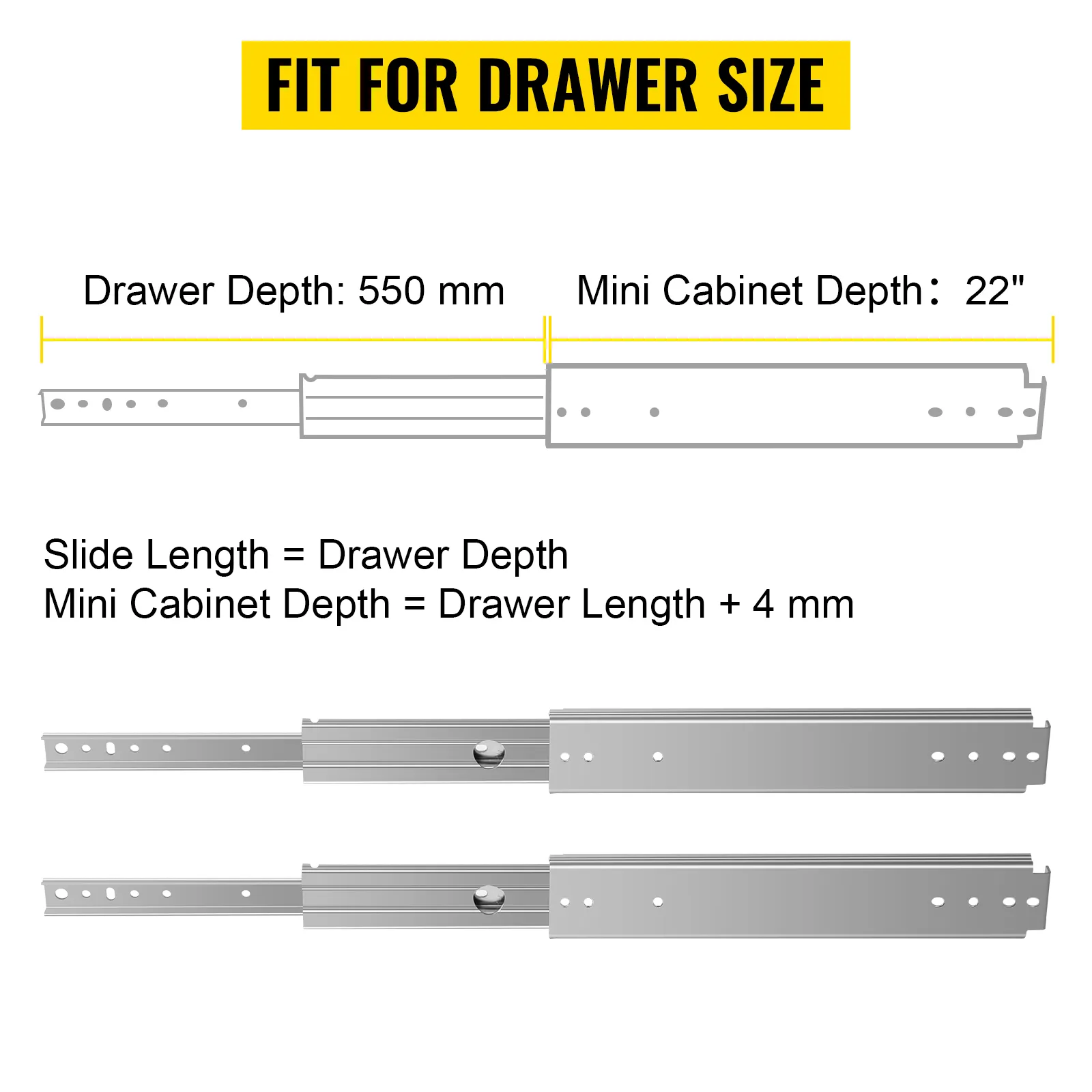 VEVOR drawer slides sizing guide with measurements and installation instructions.