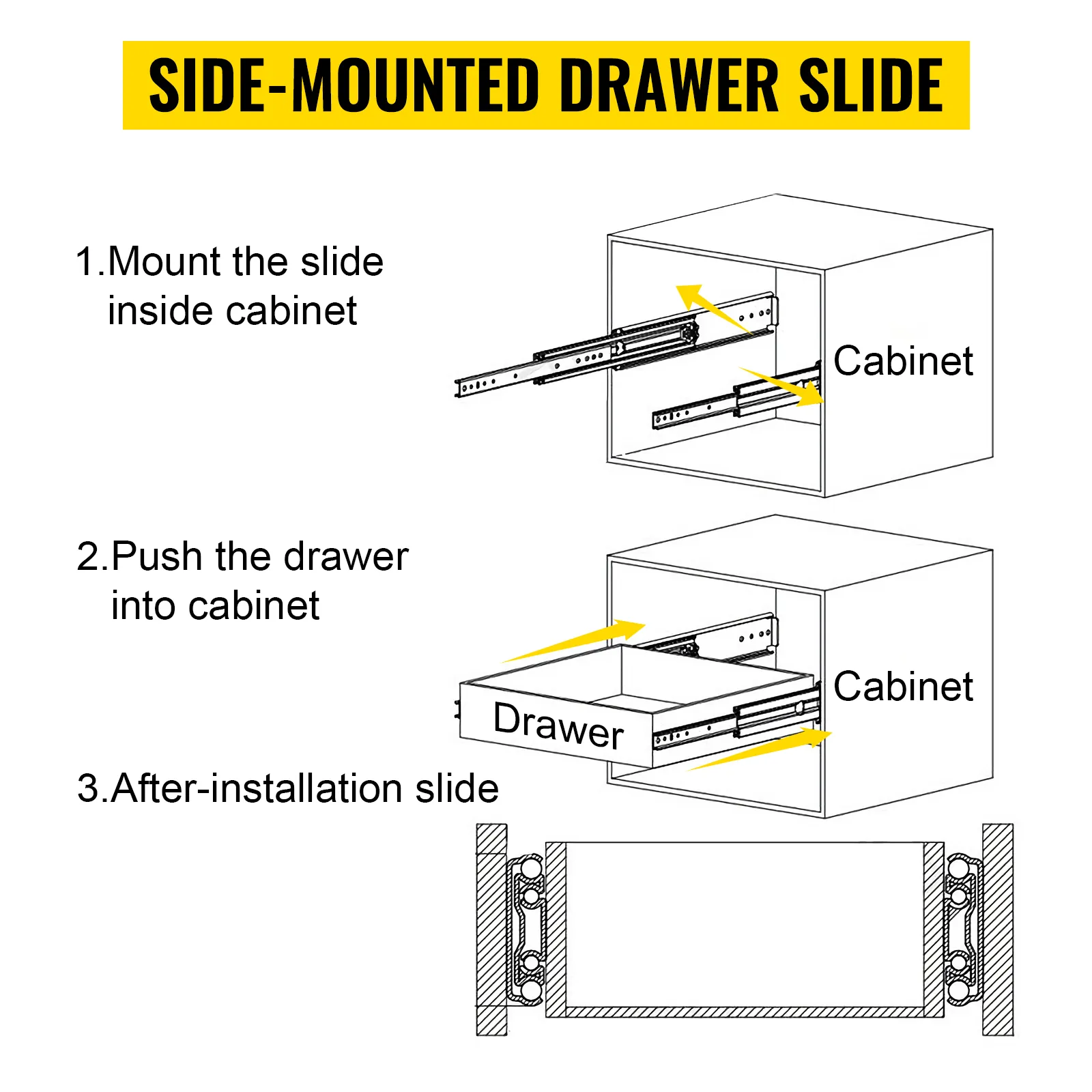 VEVOR drawer slides installation steps for side-mounted drawer slides in cabinets.