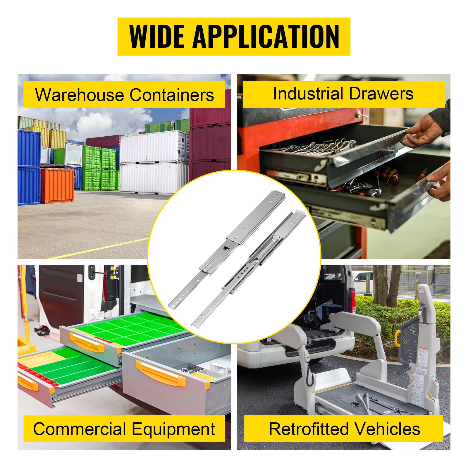 VEVOR drawer slides for warehouse containers, industrial drawers, commercial equipment, and retrofitted vehicles.