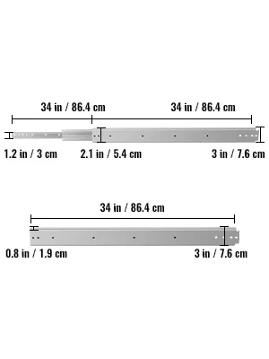 VEVOR drawer slides measurements: 34 in/86.4 cm length, 1.2 in/3 cm height.