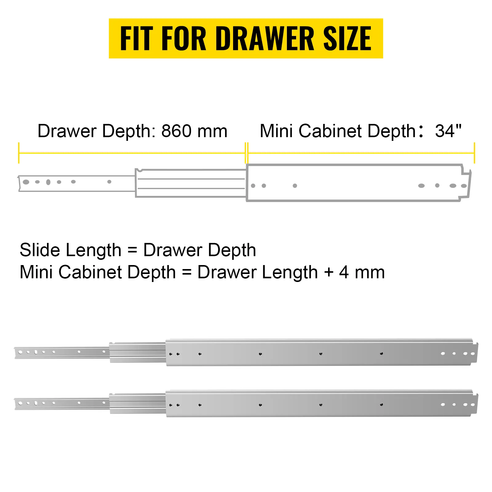 VEVOR drawer slides sizing guide highlighting drawer and mini cabinet depths.