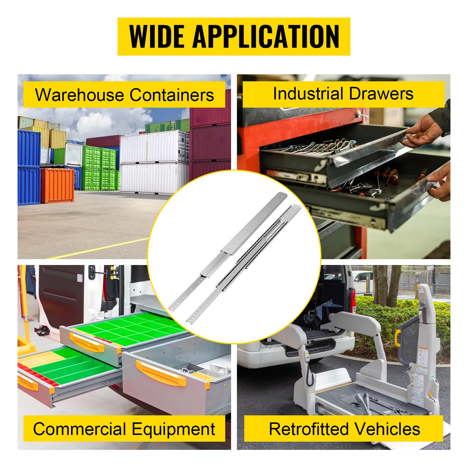 VEVOR drawer slides used in warehouse containers, industrial drawers, commercial equipment, and retrofitted vehicles.