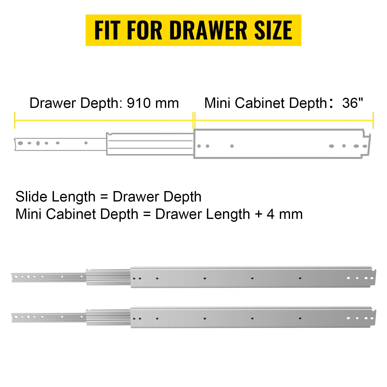 VEVOR heavy duty drawer slides 910mm depth, 36" mini cabinet size guide.