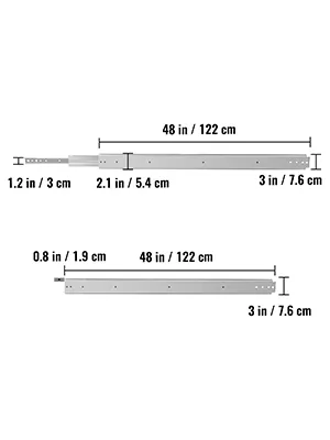 VEVOR drawer slides dimensions: 48in length, 3in width, 2.1in and 0.8in thickness.