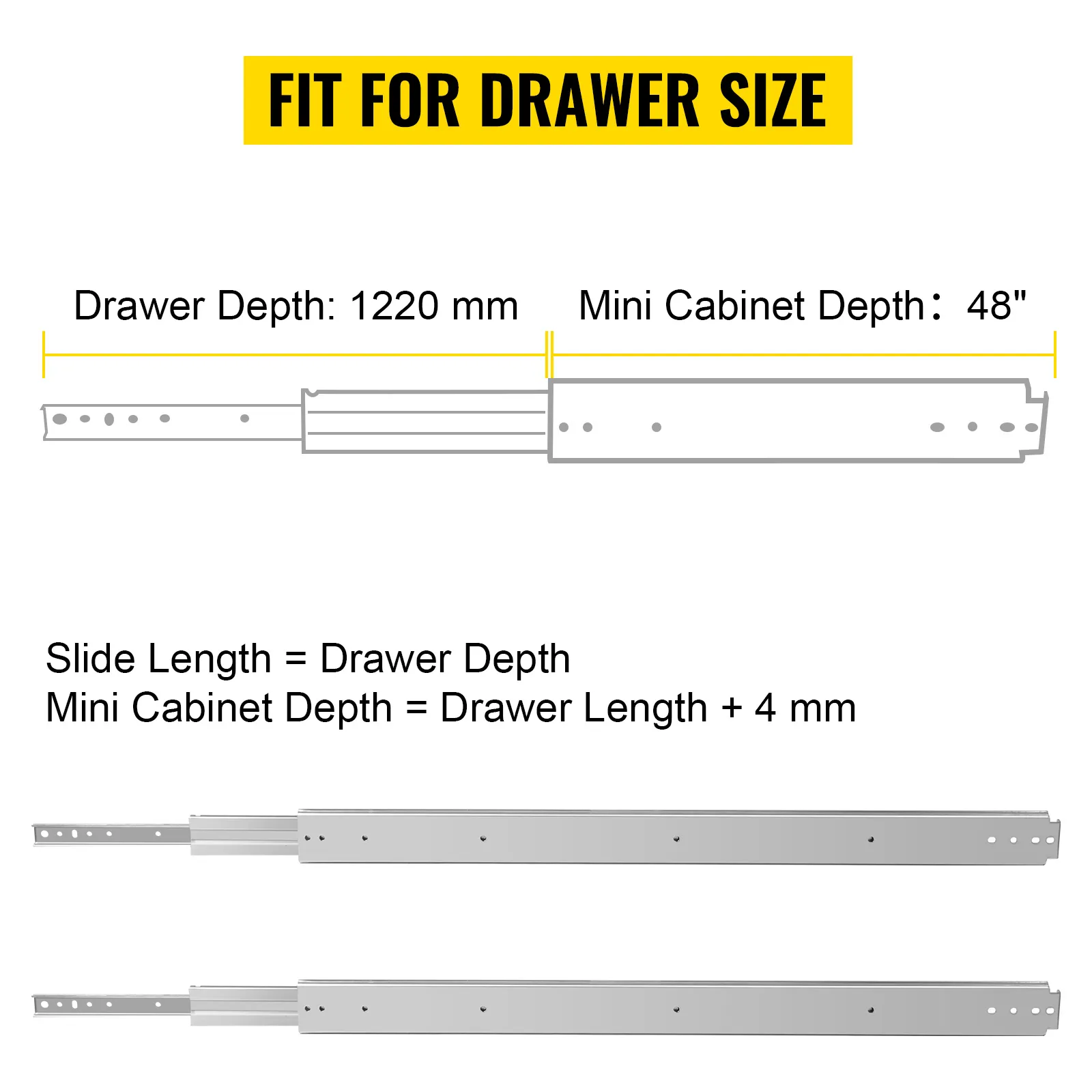 fit for drawer size diagram detailing VEVOR drawer slides with measurements and instructions.
