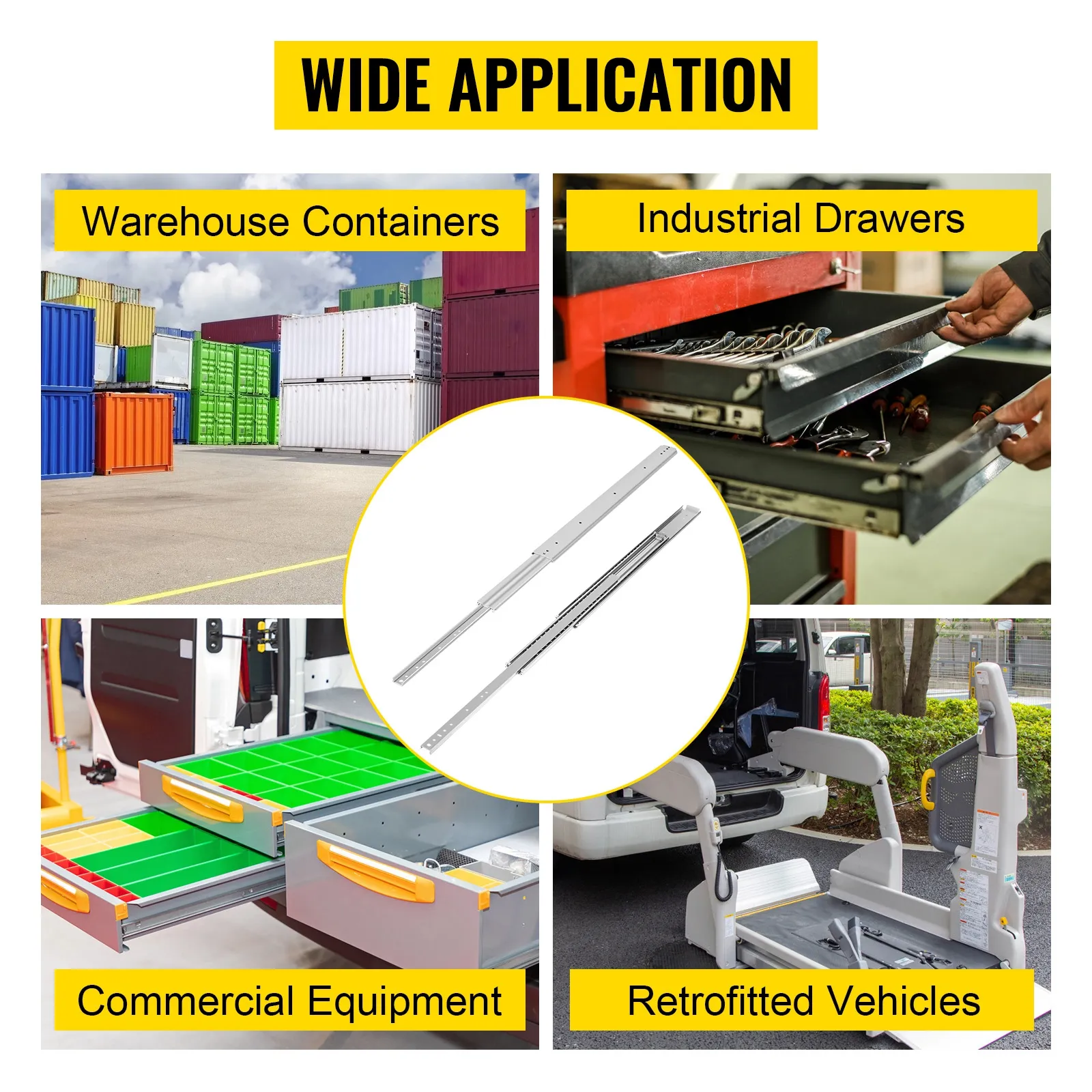 VEVOR drawer slides used in warehouse containers, industrial drawers, commercial equipment, and retrofitted vehicles.