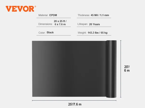 VEVOR pond liner, epdm, 20x25 ft, black, 45 mil, 20-year lifespan, 143.3 lbs, 6x7.6 m dimensions.