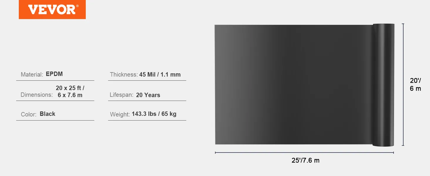 VEVOR pond liner, epdm, 20x25 ft, black, 45 mil, 20-year lifespan, 143.3 lbs, 6x7.6 m dimensions.