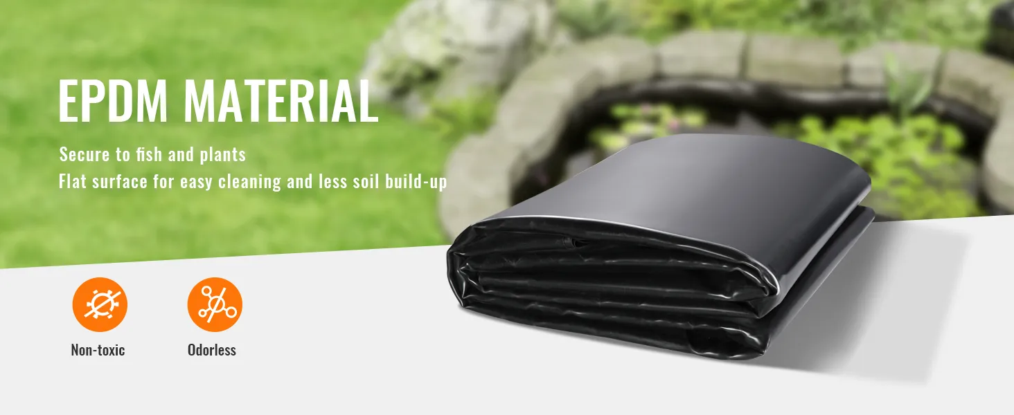 VEVOR pond liner made of epdm material, non-toxic and odorless, ideal for fish and plants.