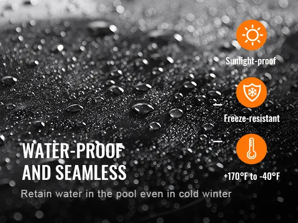 VEVOR pond liner showcasing waterproof, sunlight-proof, freeze-resistant features, and temperature range.