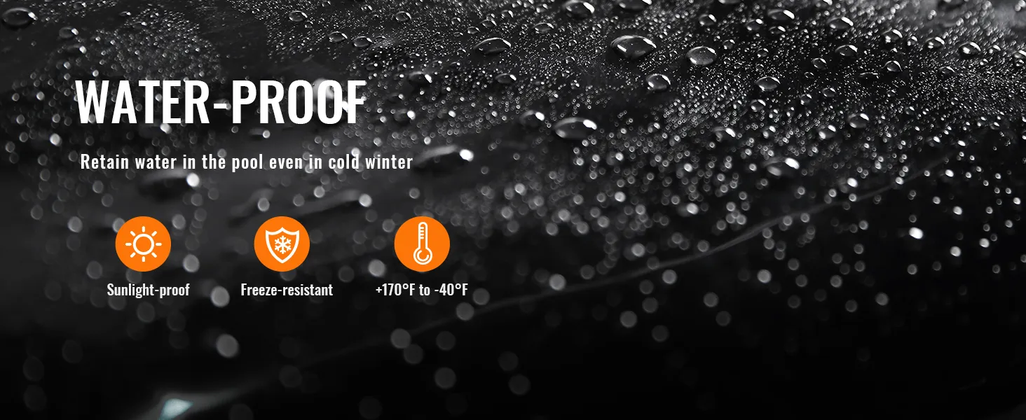 VEVOR pond liner showcasing waterproof, sunlight-proof, freeze-resistant features, and temperature range.