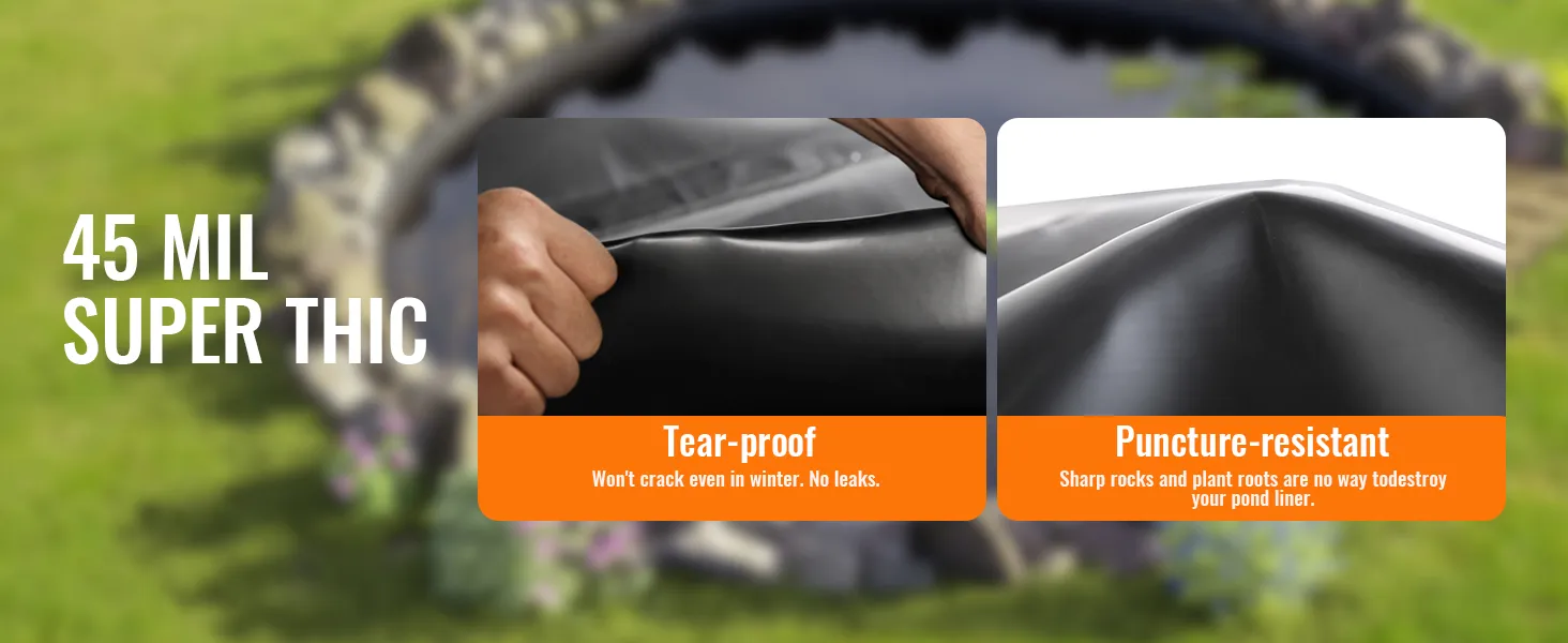 VEVOR pond liner 45 mil, tear-proof, puncture-resistant, perfect for protecting ponds from leaks.