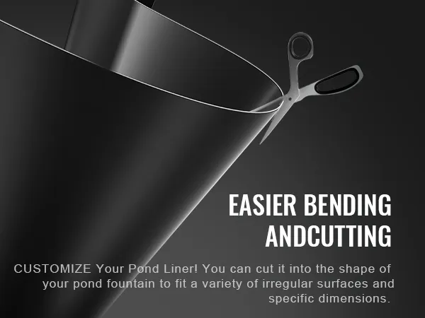 scissors cutting a flexible, black VEVOR pond liner for easier customization.