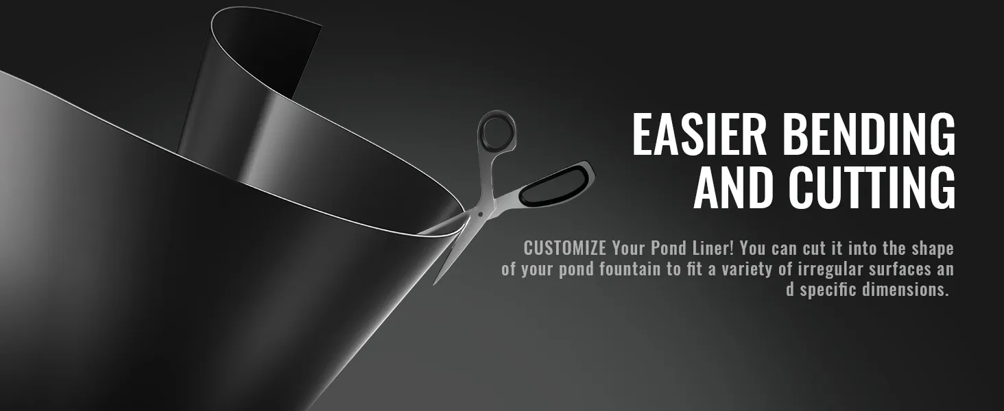 scissors cutting a flexible, black VEVOR pond liner for easier customization.