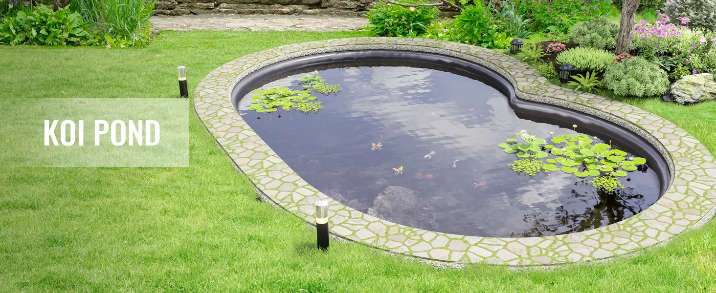 heart-shaped koi pond with VEVOR pond liner, surrounded by lush greenery and pathway.