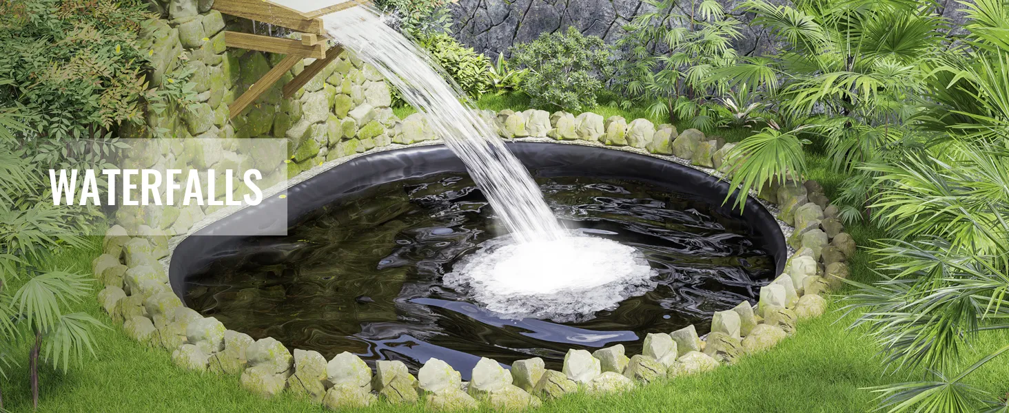 waterfall pouring into a round pond surrounded by rocks and lush greenery using VEVOR pond liner.