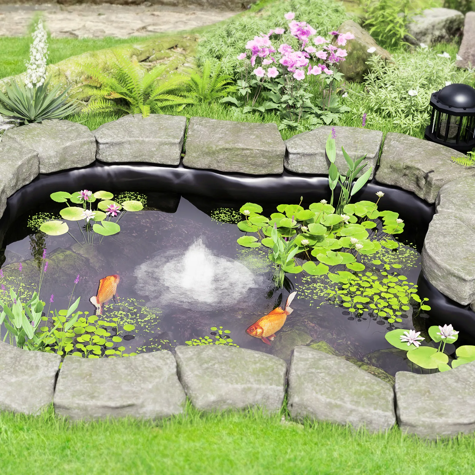 garden pond with stone surround, water lilies, goldfish, flowers, and fountain using VEVOR pond liner.