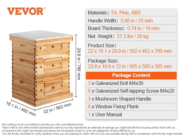VEVOR beehive box kit dimensions, package content, and materials for beekeeping setup.