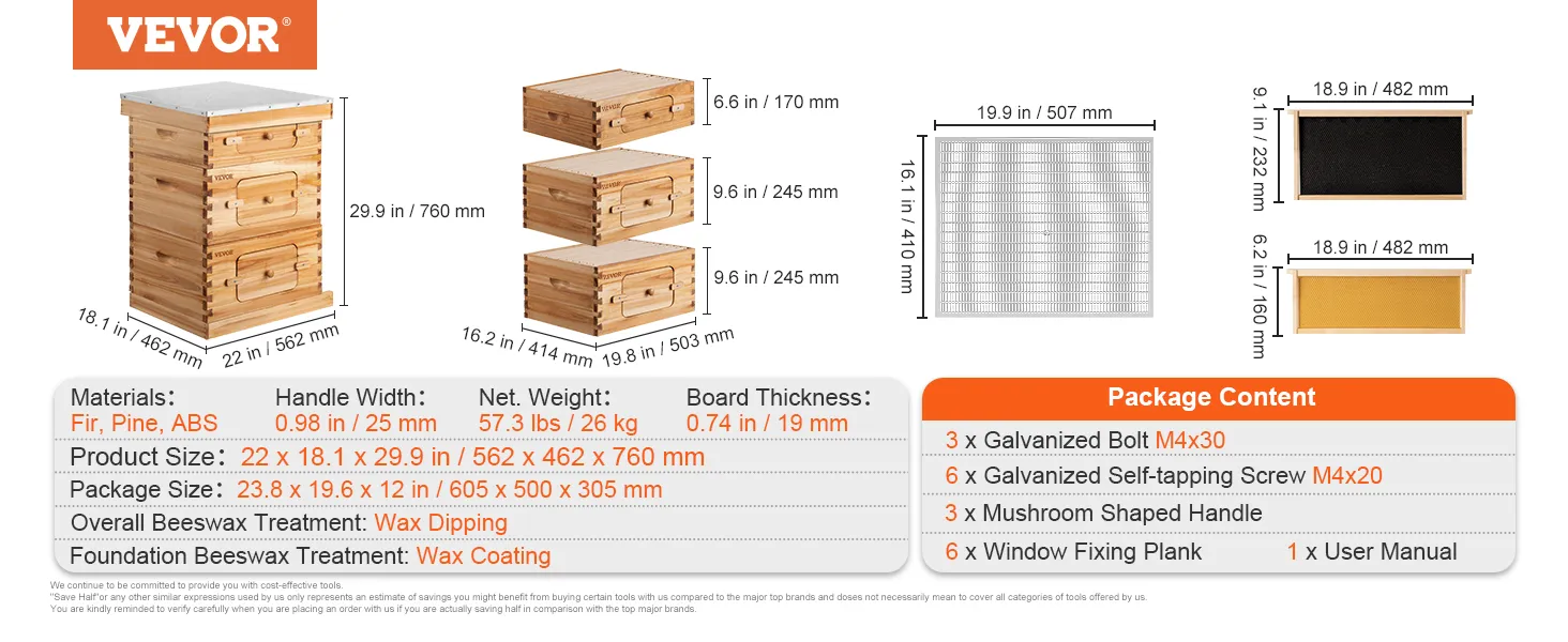 VEVOR beehive box kit dimensions, package content, and materials for beekeeping setup.
