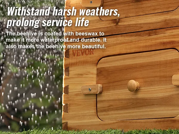 VEVOR beehive box kit in rain with text promoting weather resistance and service life.