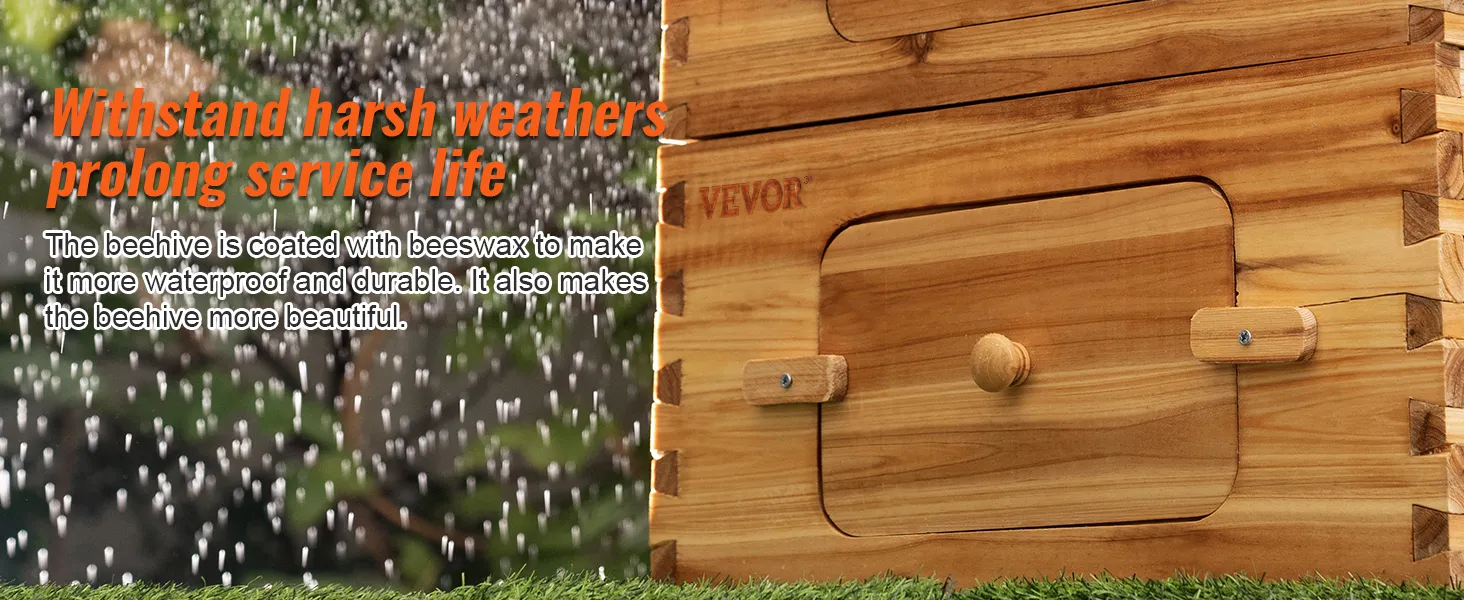 VEVOR beehive box kit in rain with text promoting weather resistance and service life.