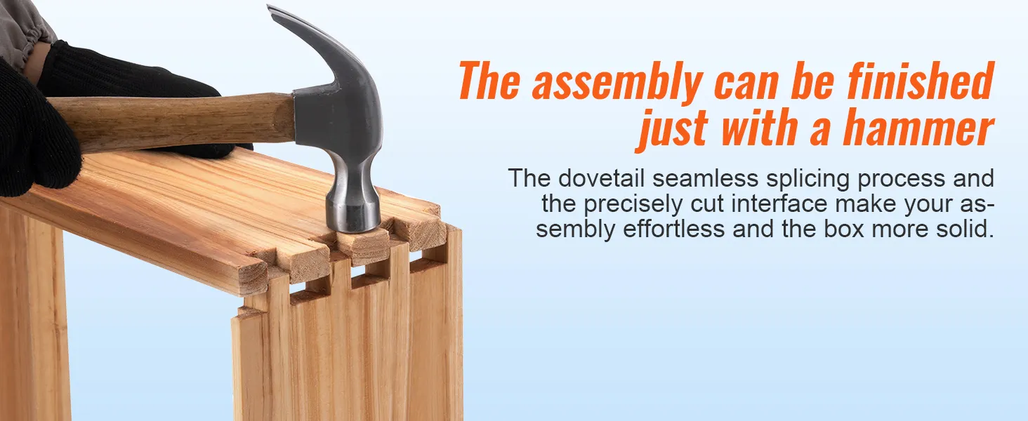 hands assembling VEVOR beehive box kit with a hammer using dovetail seamless splicing process.