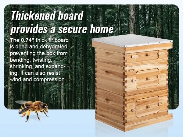 VEVOR beehive box kit with thickened fir boards in a forest background, bee and pine cone.