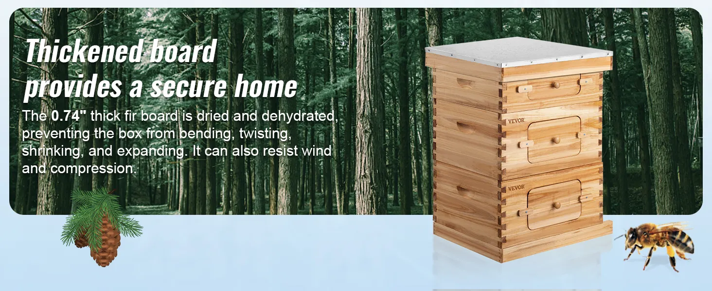 VEVOR beehive box kit with thickened fir boards in a forest background, bee and pine cone.