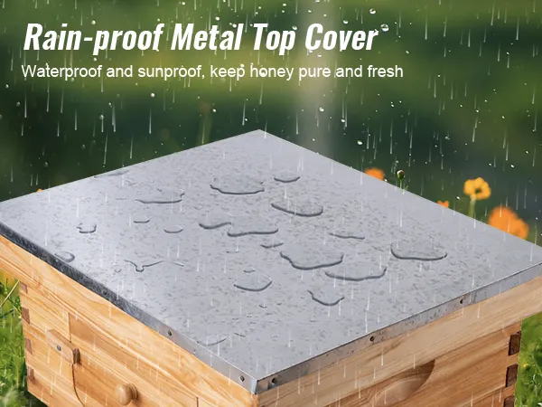 VEVOR beehive box kit with rainproof metal top cover, keeping honey pure and fresh in a rainy garden.