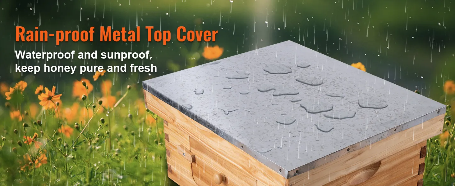 VEVOR beehive box kit with rainproof metal top cover, keeping honey pure and fresh in a rainy garden.