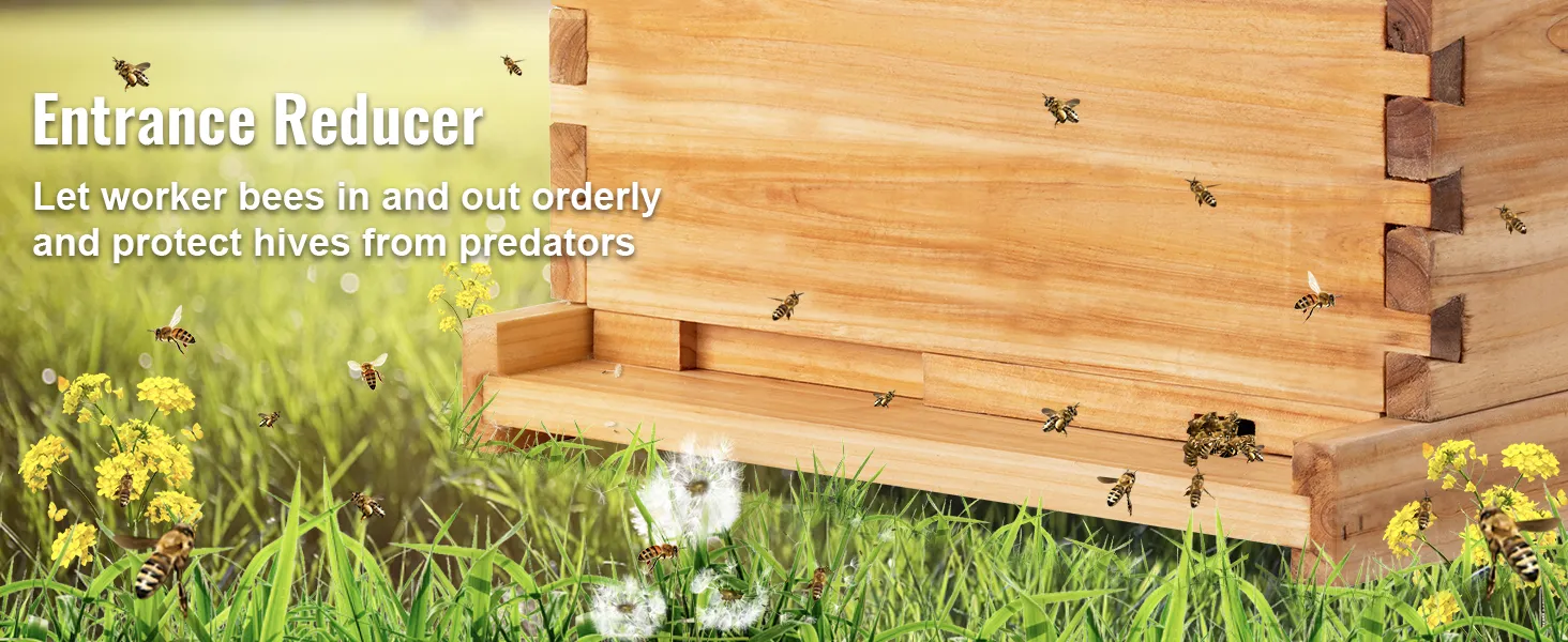 VEVOR beehive box kit with entrance reducer and bees, set in a grassy field with yellow flowers.
