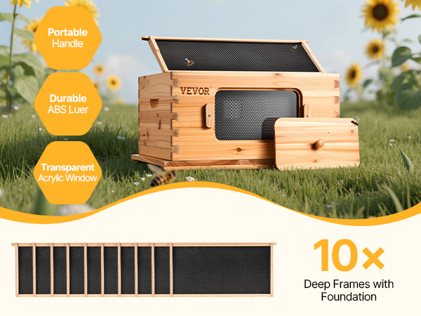 VEVOR Bee Hive Deep Box Starter Kit, 100% Beeswax Coated Natural