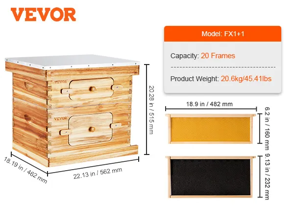 Kit de inicio de colmena VEVOR con 20 marcos, dimensiones detalladas y modelo fx1+1. Peso: 20,6 kg.