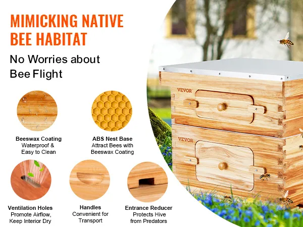 Kit de inicio de colmena VEVOR con revestimiento de cera de abejas, reductor de entrada, orificios de ventilación y base de nido de ABS.