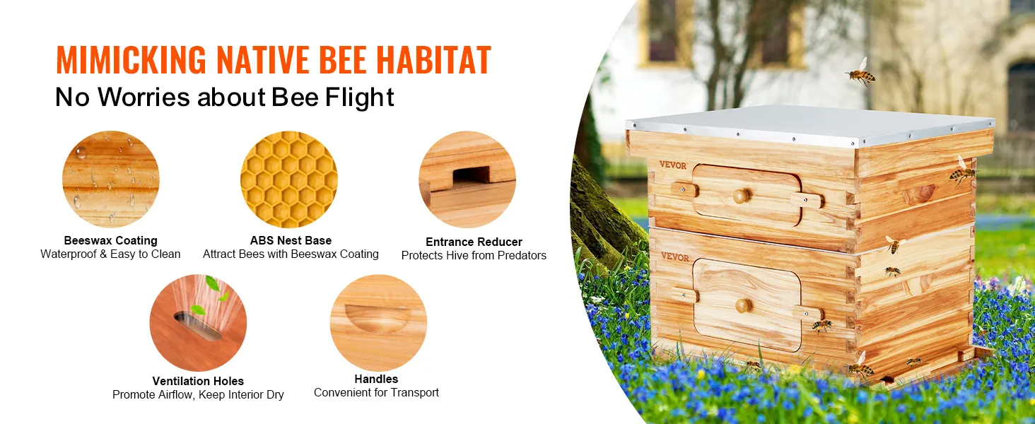 Kit de inicio de colmena VEVOR con revestimiento de cera de abejas, reductor de entrada, orificios de ventilación y base de nido de ABS.