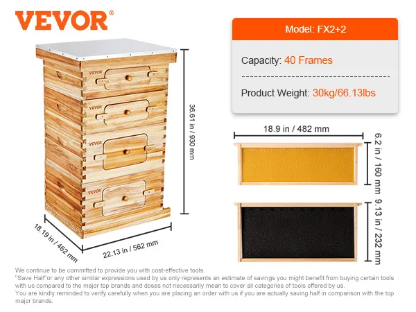 VEVOR bee hive kit model fx2+2, 40 frames, 30kg, wooden hive dimensions and components.