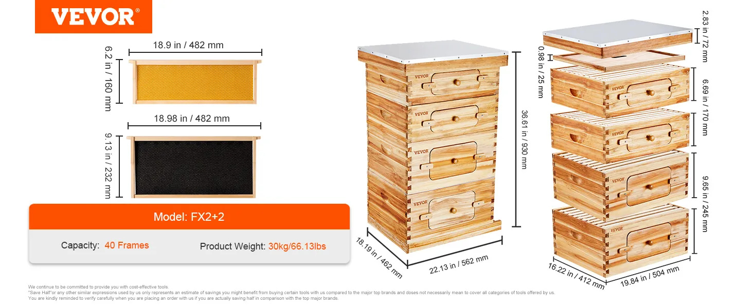 VEVOR bee hive kit model fx2+2, 40 frames, 30kg, wooden hive dimensions and components.
