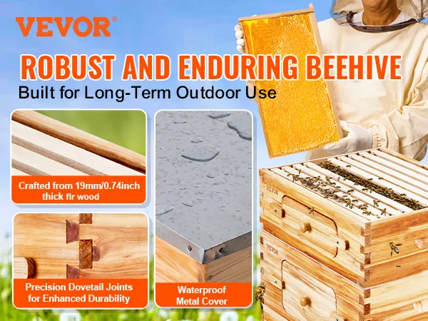 VEVOR bee hive kit with dovetail joints, cedar wood structure, and waterproof metal cover suitable for outdoors.