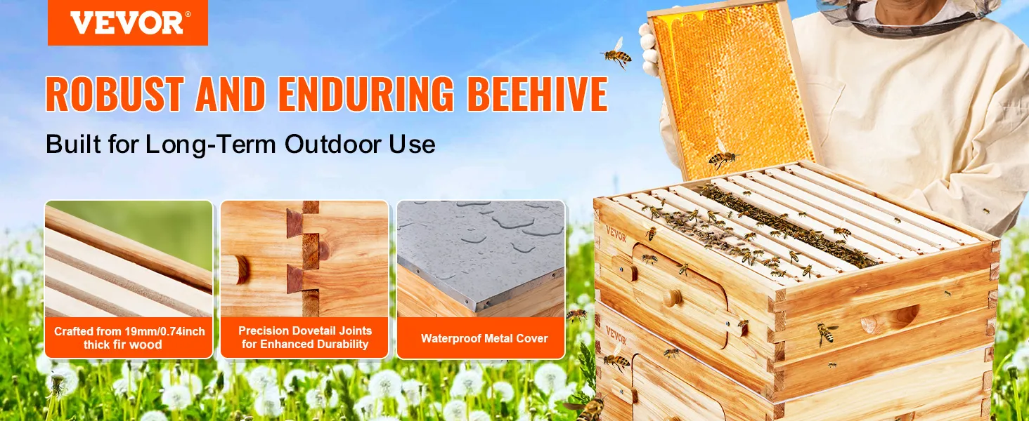 VEVOR bee hive kit with dovetail joints, cedar wood structure, and waterproof metal cover suitable for outdoors.
