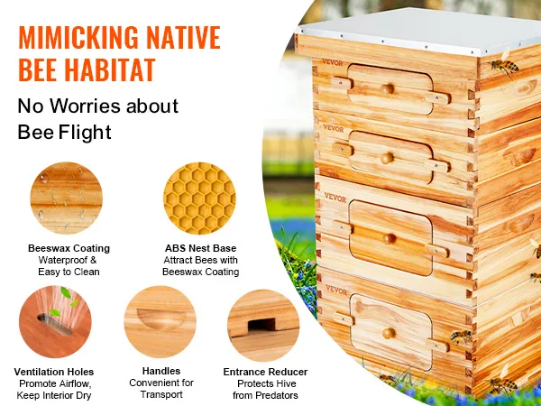 VEVOR bee hive kit with beeswax coating, abs nest base, entrance reducer, ventilation holes, and handles.