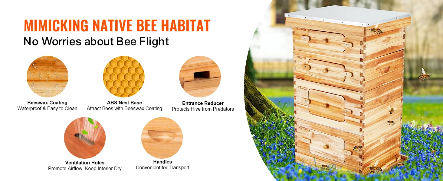 VEVOR bee hive kit with beeswax coating, abs nest base, entrance reducer, ventilation holes, and handles.