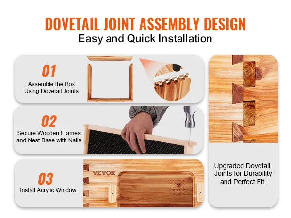 dovetail joint assembly design for VEVOR bee hive kit with easy installation steps.