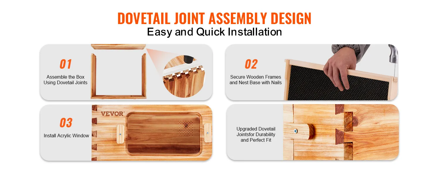 dovetail joint assembly design for VEVOR bee hive kit with easy installation steps.
