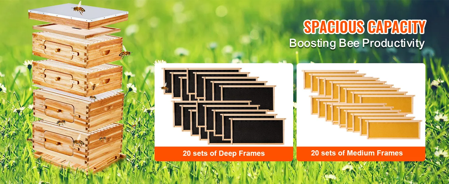 VEVOR bee hive kit with spacious capacity, featuring 20 sets of deep and medium frames.